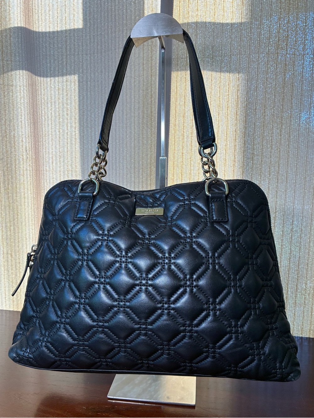 kate spade Black Quilted Leather Shoulder Tote with Chain Accents